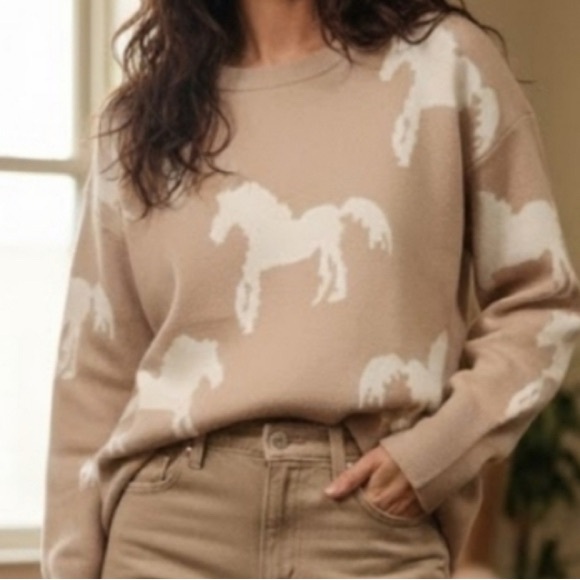 NWT Jason Wu Sweater: Beige w/White Horses, Crewneck, Long Sleeves, Viscose 2X - Picture 13 of 13